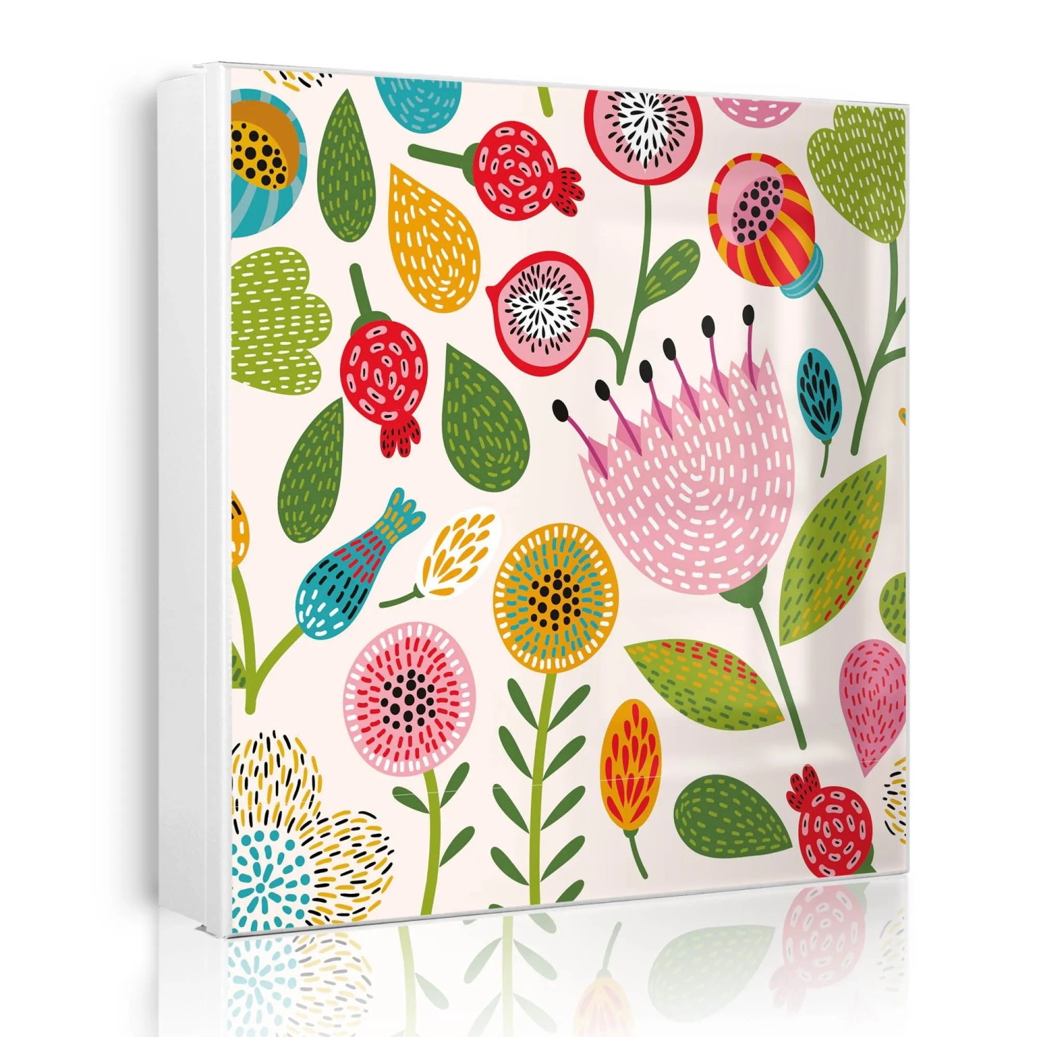 Banjado Großer Schlüsselkasten Metall 30x30cm Weiß Scharnier Links 50 Haken Beschreibbar Magnetisch Motiv Blumen Naiv
