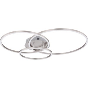 Moderne LED-Deckenleuchte Munni in Nickel matt mit drei runden Leuchtelementen.