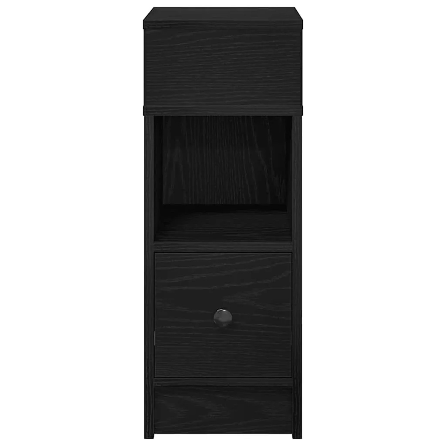 Schwarzer Nachttisch (2er-Set) von vidaXL mit Schublade und offenen Fächern.