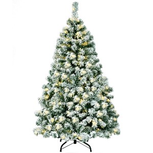 Künstlicher Weihnachtsbaum 135cm, dicht mit Schnee bedeckt und warmweißen LED-Lichtern, auf schwarzem Metallständer.
