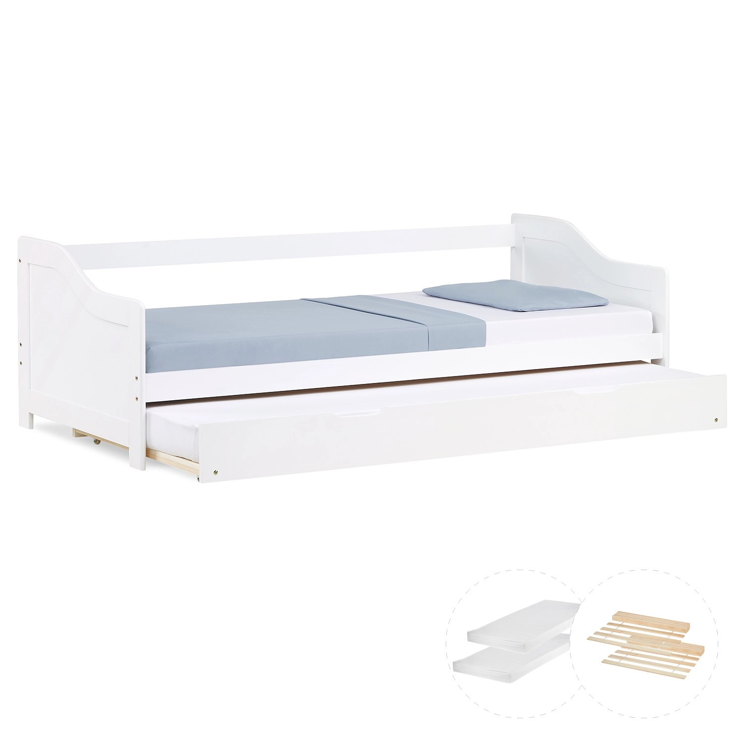 Homestyle4u Tagesbett Ausziehbett 90x200 cm Weiß Holzbett mit Matratze 3079 günstig online kaufen