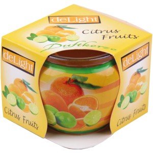 HS Candle Duftkerze Citrus Fruits im Glas mit Zitrusfrüchte-Motiv.