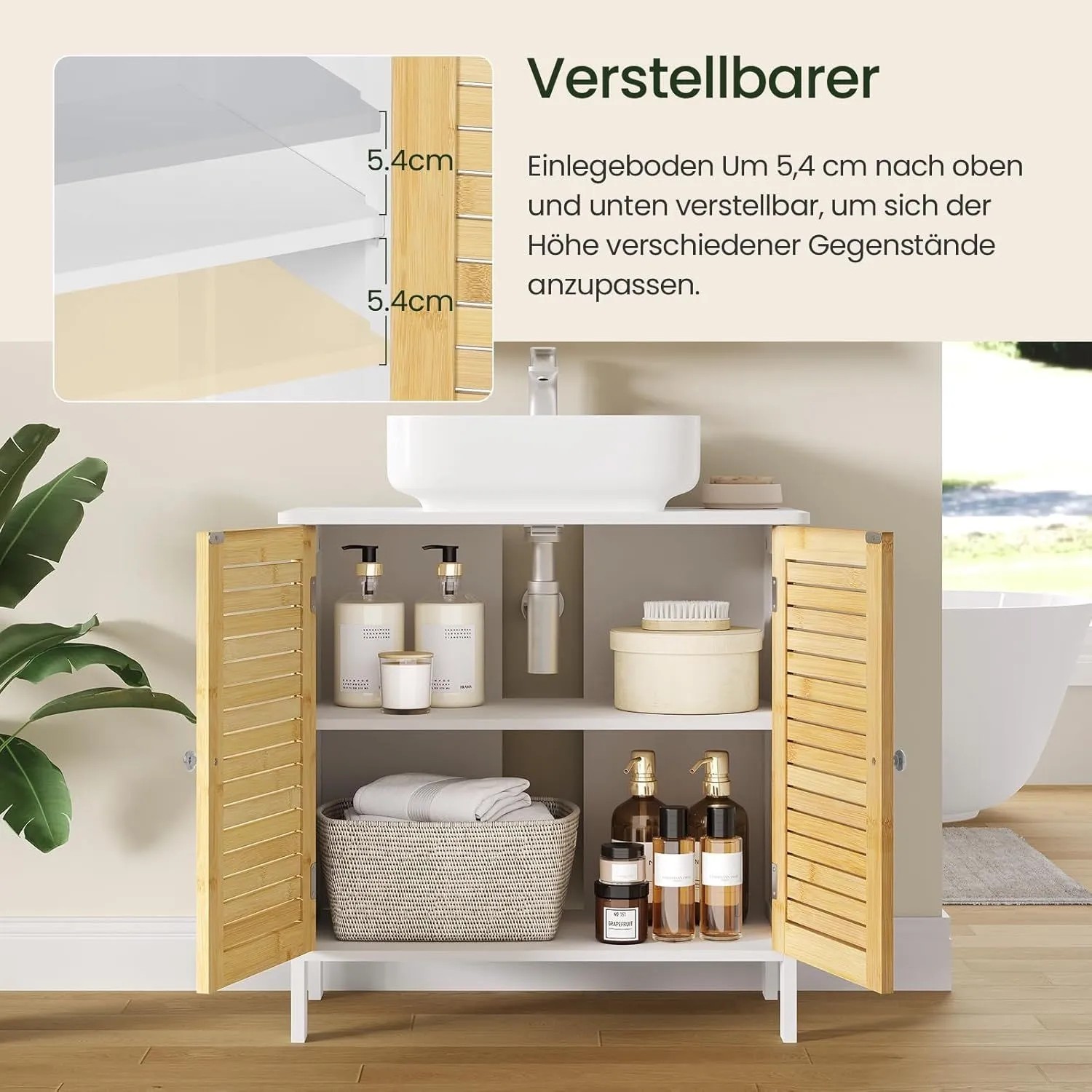 Weißer Bambus Waschbeckenunterschrank mit offenen Türen, verstellbarem Einlegeboden und Stauraum im Badezimmer.