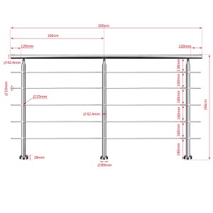 AICA Edelstahl-Treppengeländer 200 cm Geländer für Innen und Außen 5 Querstäbe