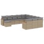 Beige 12-tlg. Garten-Sofagarnitur aus Poly Rattan mit hellgrauen Kissen.
