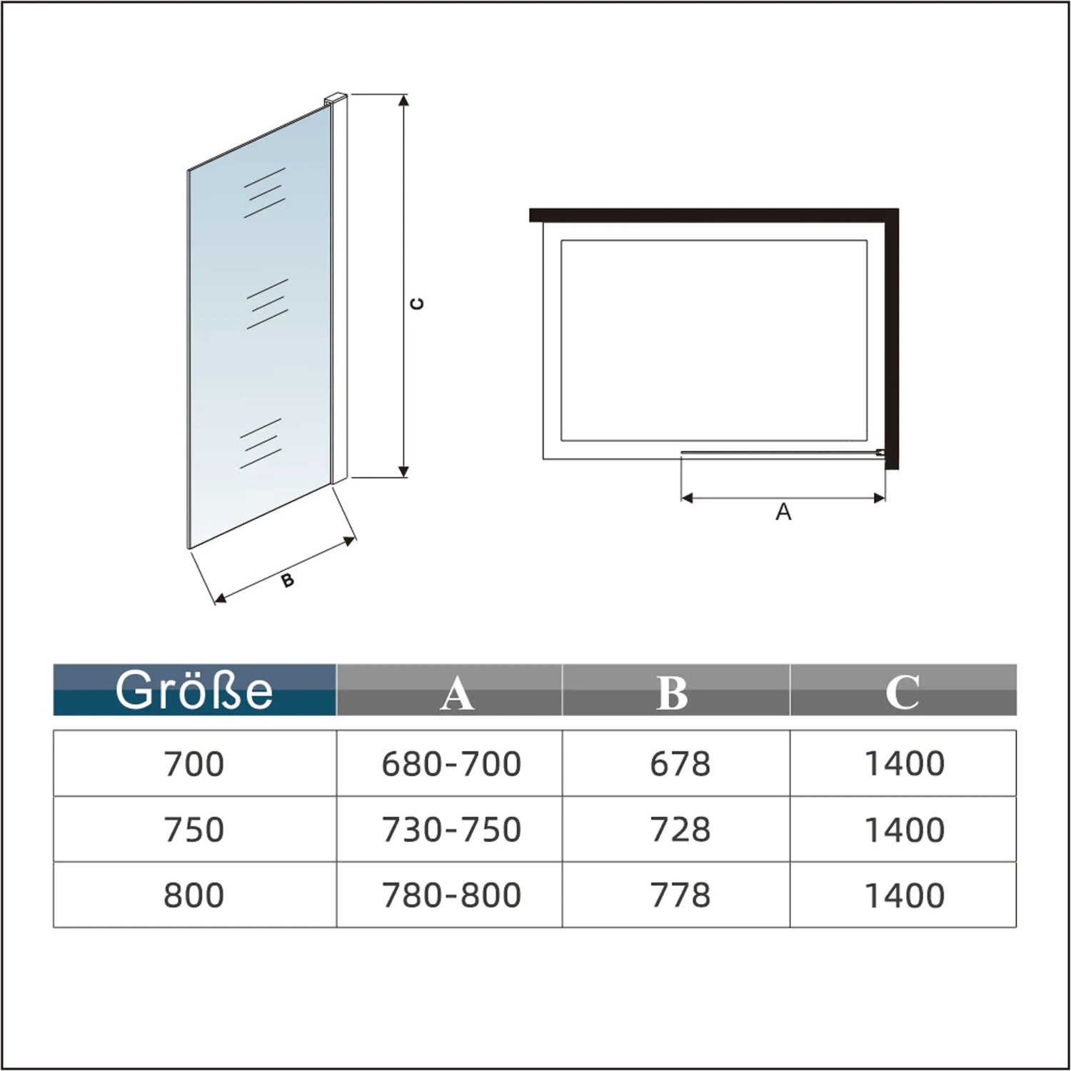 Technische Zeichnung: AICA Badewannenaufsatz 80x140cm, rechteckig, schwarzer Rahmen, Maße A, B, C.