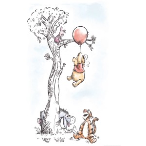 Winnie Pooh Wandbild (50x70 cm) mit Puuh, Ferkel, I-Aah und Tigger am Baum mit Ballon.