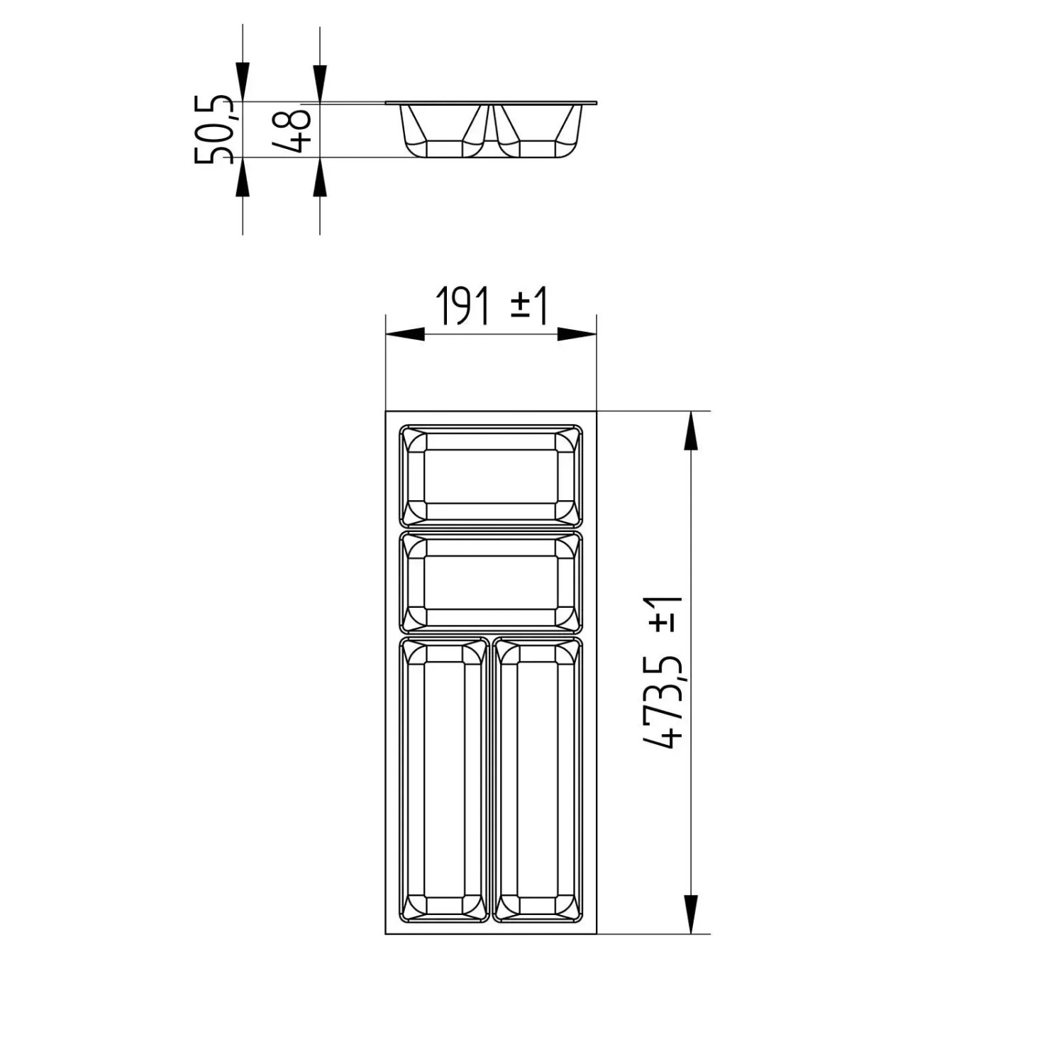 Techn. Zeichnung SOTECH ORGA-BOX-3 Besteckeinsatz Anthrazit. Maße: B 191mm, T 473mm, H 50,5mm. Küchen-Ordnungssystem.