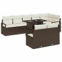 Braunes 9-teiliges vidaXL Garten-Sofa-Set aus Polyrattan mit Tisch und Auflagen.