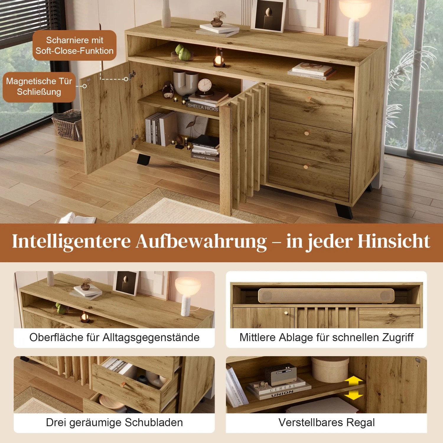 Merax Sideboard 120x40x85cm Lamellenfront Eiche_7