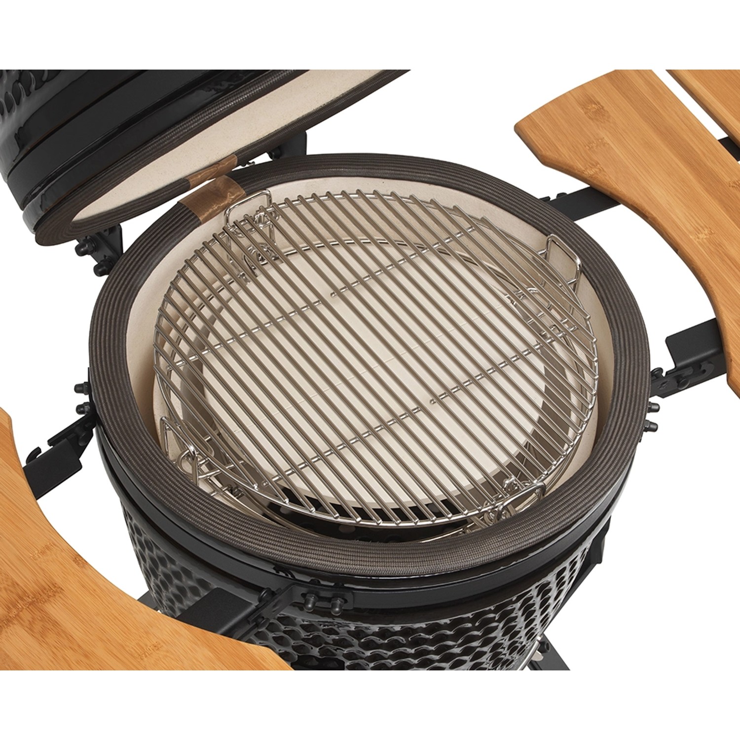 Jamestown Keramik-Holzkohlegrill Marwin M mit Grillrost und Seitentischen aus Bambus.