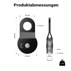 Schwarze Wiltec Umlenkrolle für Seilwinde mit detaillierten Produktabmessungen. Ideal für Seilzug und Flaschenzug.