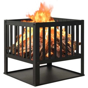 Schwarze vidaXL Feuerstelle aus Stahl, quadratisch, mit Holz und Flammen.