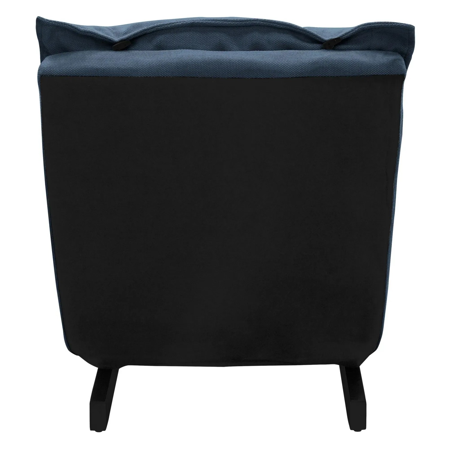 Rückansicht des blauen ML-Design Bodenstuhls mit Leinenbezug und schwarzem Stahlgestell.