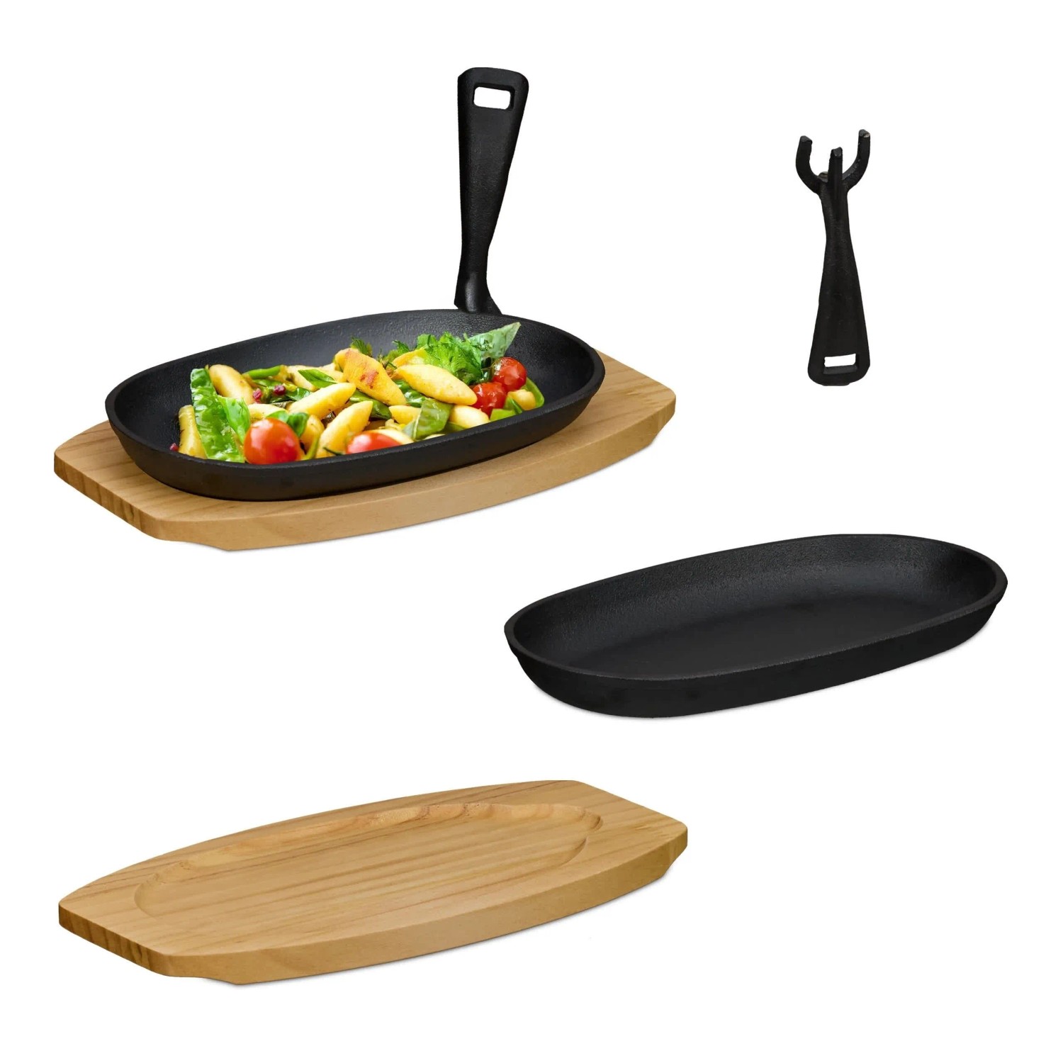 Relaxdays Servierpfanne 2er Set Gusseisen Kiefernholz Schwarz Natur Abnehmbar 23 cm x 14 cm x 2,5 cm 2,1 kg