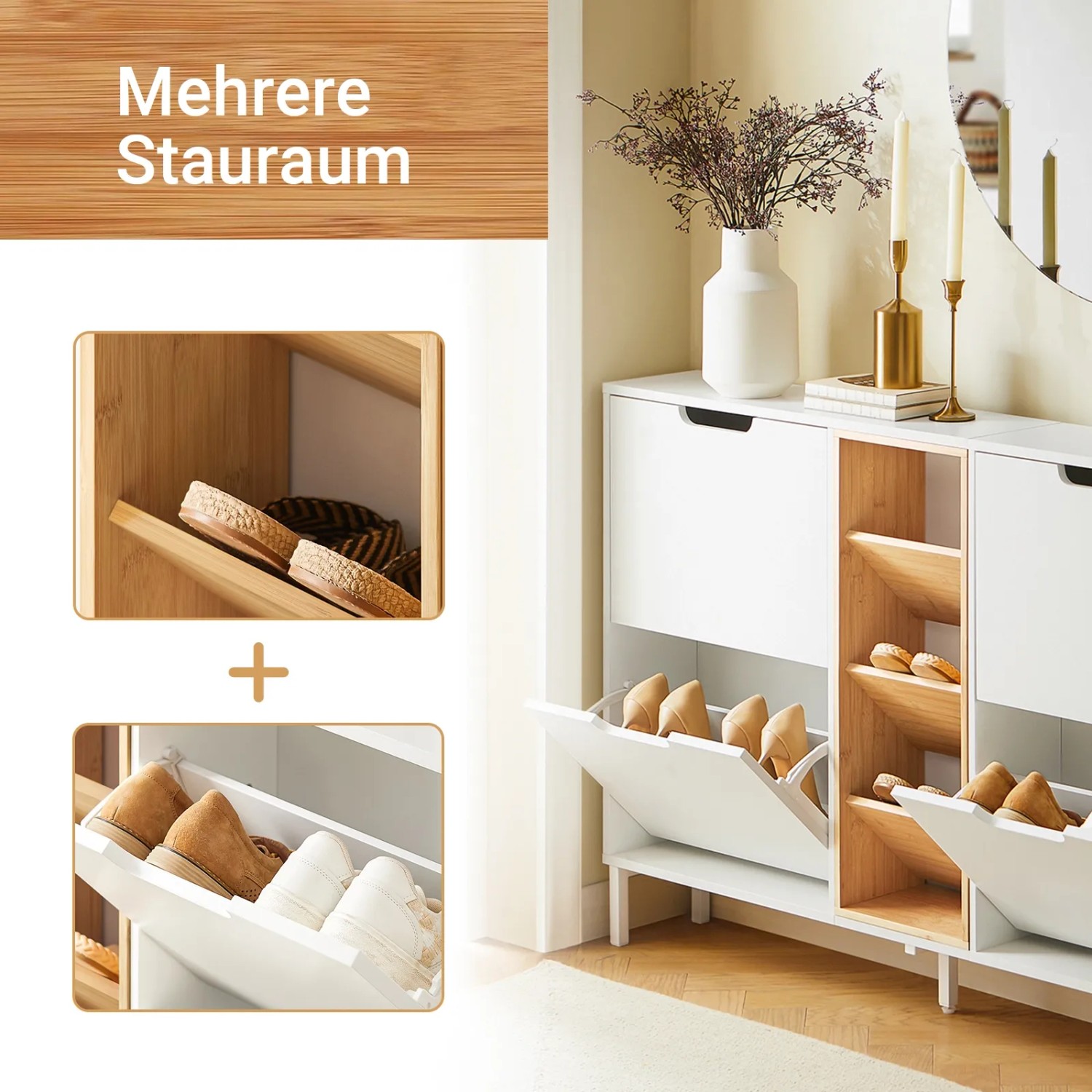 SoBuy Schuhschrank weiß/Bambus, schmal, mit 4 Klappen und 3 offenen Fächern. Perfekt für Flure und Eingangsbereiche.