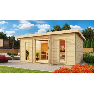 Karibu Saunahaus Magnus 4 Set B mit Ofen, naturbelassenes Holz, Außensauna für den Garten.
