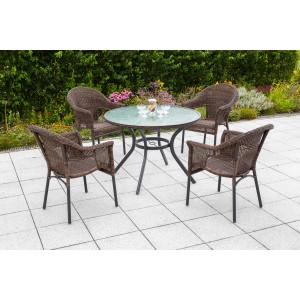 Merxx Gartenmöbel-Set Ravenna, 5-teilig, braun: Tisch mit Glasplatte und 4 braune Korbsessel.