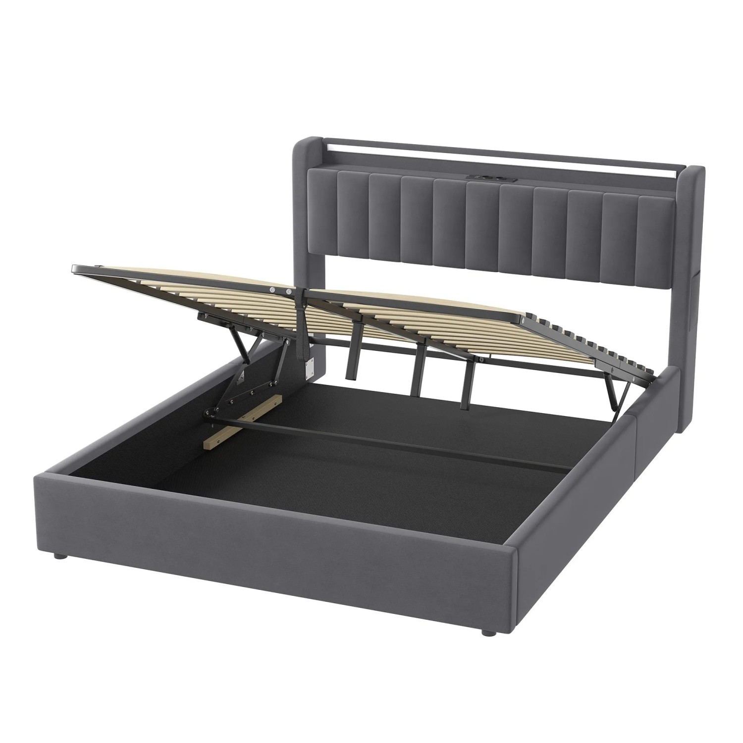okwish Polsterbett mit Bettkasten LED-Licht Jugendzimmer 160x200cm Grau