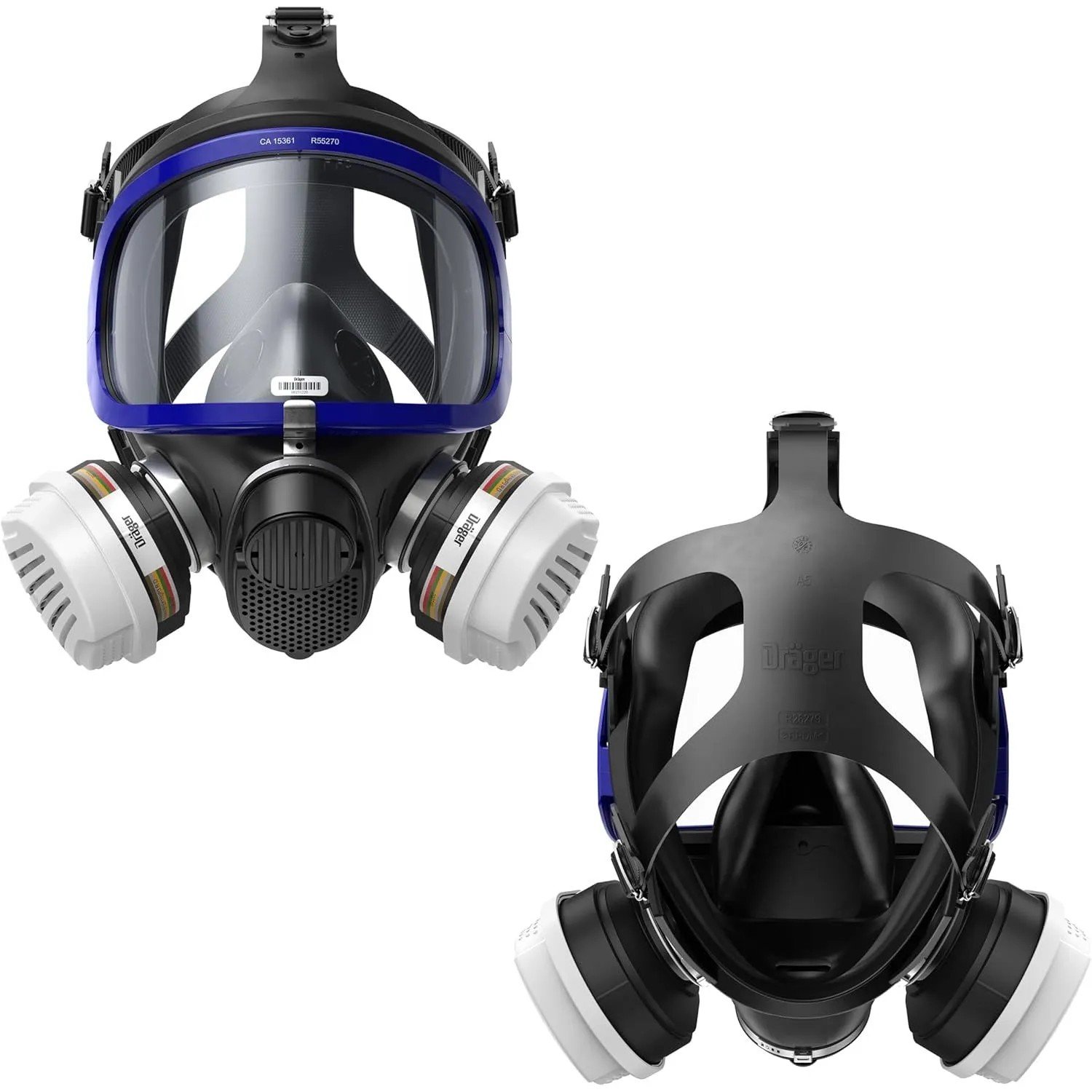 Dräger X-plore 5500 Vollmaske mit ABEK1 Filtern, Vorder- und Rückansicht. Atemschutz für Industrie & Bau.