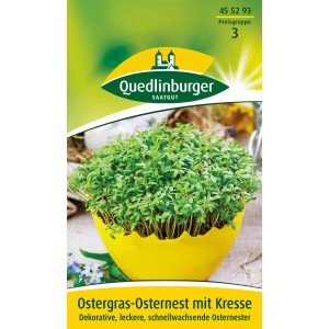 Quedlinburger Ostergras-Osternest mit Kresse im gelben Topf.