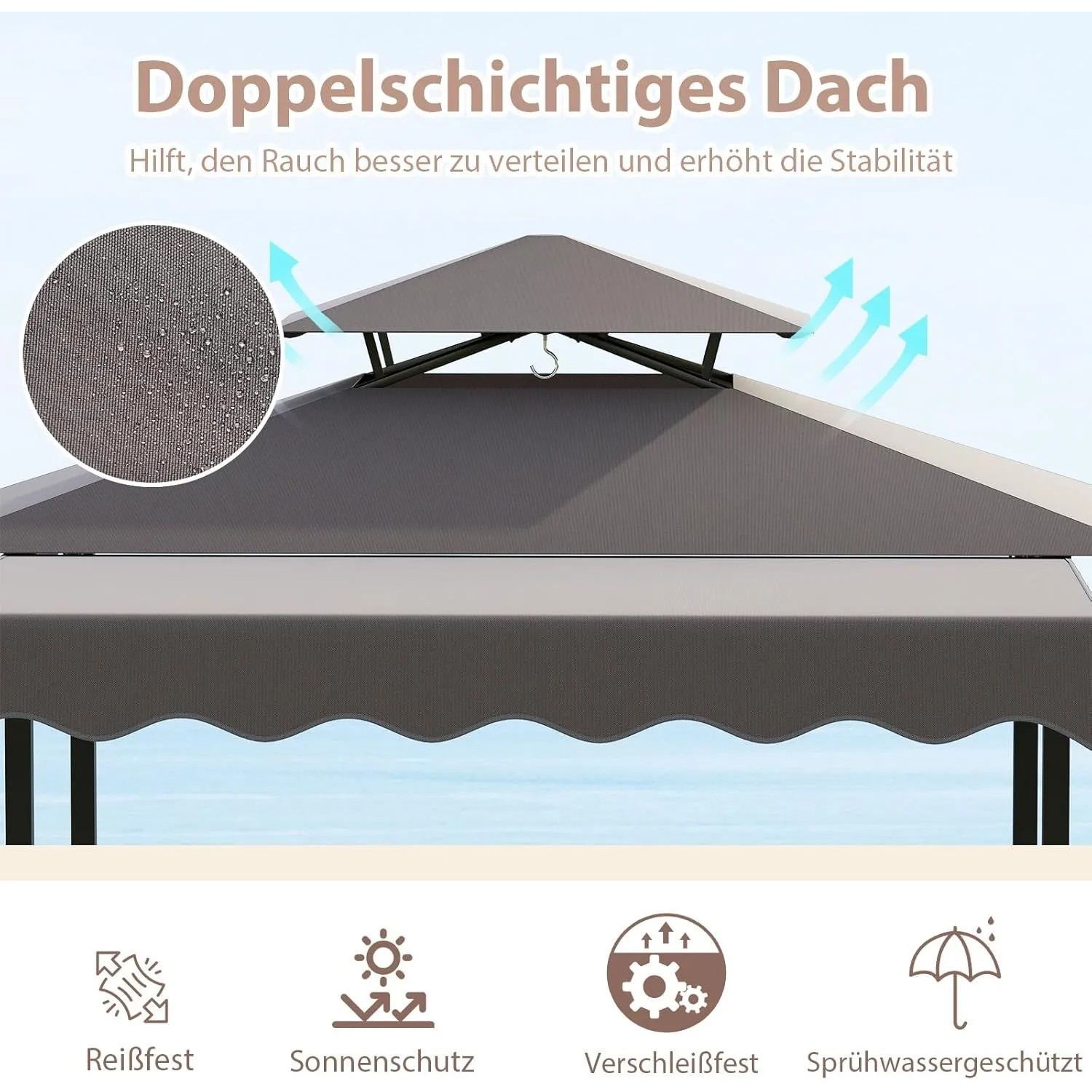 Costway Grillpavillon mit Bar und 2 Barhockern Doppeldach & Markise Grau_4