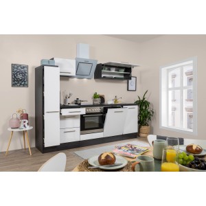 Respekta Premium Küchenzeile 250 cm in Weiß Hochglanz und Eiche Grau mit E-Geräten.