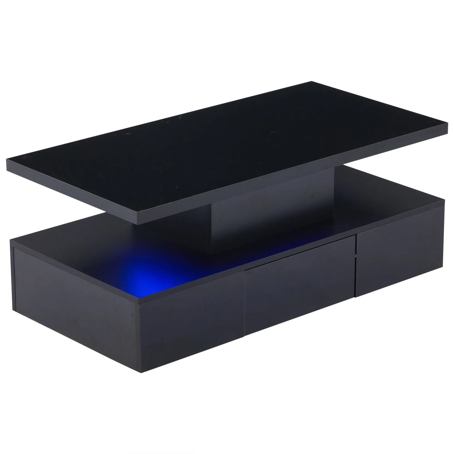 ModernLuxe Couchtisch 2 Ebenen mit LED Offenem Fach Schublade Spanplatte Schwarz