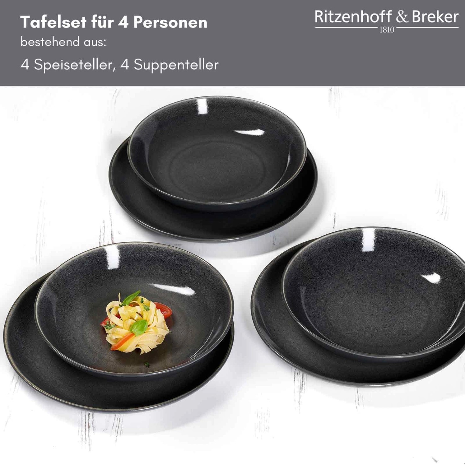 Ritzenhoff & Breker Toledo Tafel-Set, 8-teilig: Graue Speise- und Suppenteller aus Steinzeug für 4 Personen.