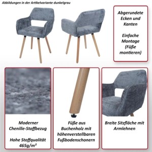Dunkelgrauer Esszimmerstuhl A50 II mit weichem Chenille-Stoffbezug, Armlehnen und hellen Buchenholzfüßen. Hohe Qualität 465g/m².
