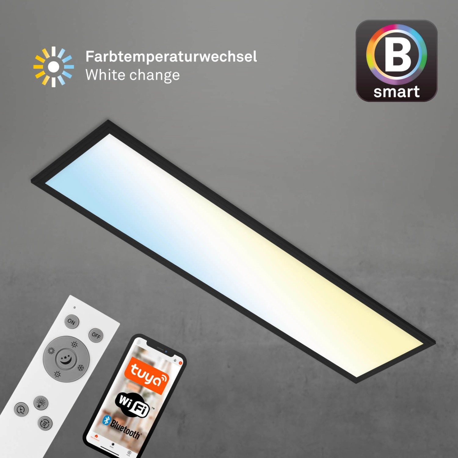 Dimmbare, schwarze LED Deckenleuchte Piatto S B-Smart Panel mit Fernbedienung und Smartphone Steuerung.