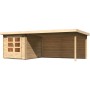 Unbehandeltes Karibu Holz-Gartenhaus Ängelholm mit Pultdach und Anbau.