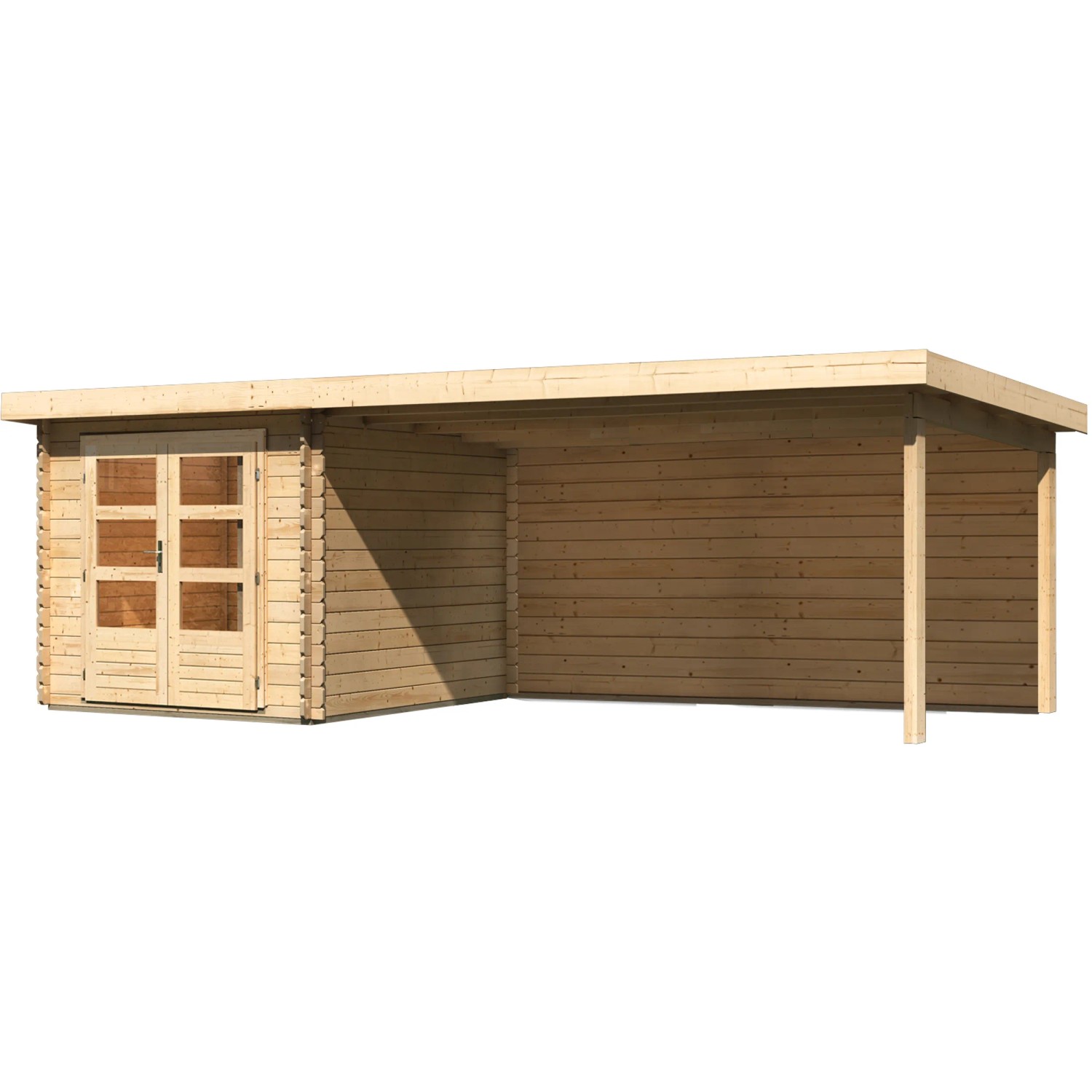 Unbehandeltes Karibu Holz-Gartenhaus Ängelholm mit Pultdach und Anbau.