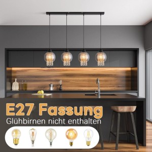 ZMH Pendelleuchte 4 flammig Vintage Rauchglas E27 Hängeleuchte für Wohnzimmer Schlafzimmer Küche