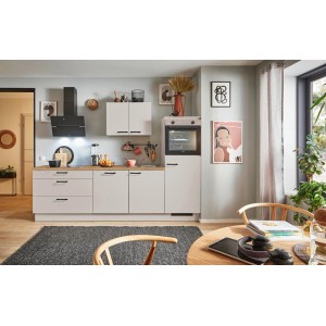 Moderne pino Küchenzeile in Kaschmirgrau, 260 cm breit, mit Geräteschrank und Elektrogeräten.