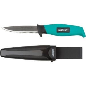 Wolfcraft Outdoormesser mit gezahnter Klinge und Köcher aus Kunststoff.