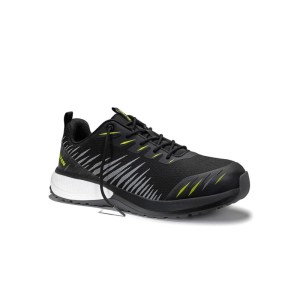 Schwarzer ELTEN Sicherheitshalbschuh THUNDER XXSW mit grünen Akzenten und weißer Sohle. Sportlicher Arbeitsschuh S3S ESD.