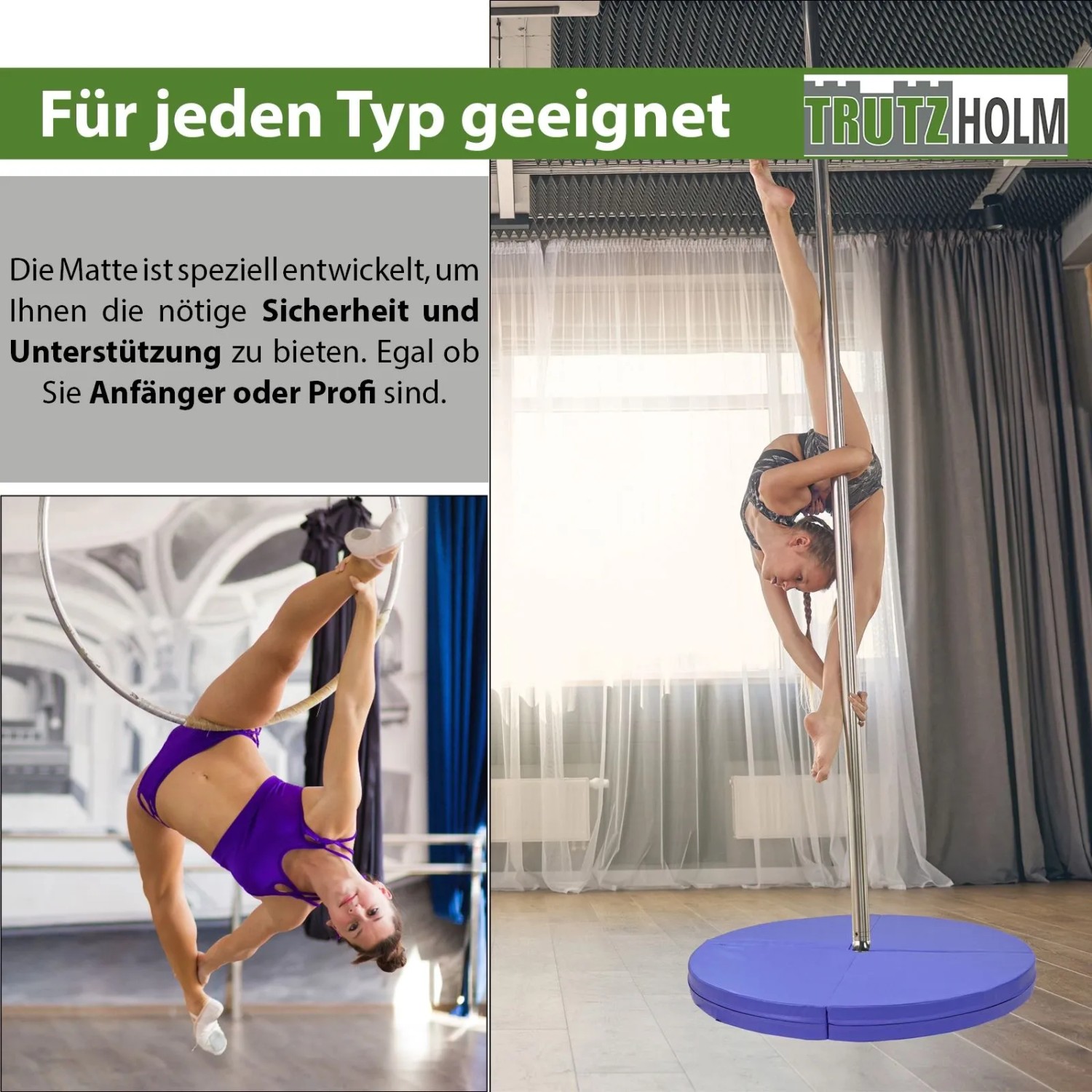 Blaue, faltbare TRUTZHOLM Tanzstangenmatte, 120cm Durchmesser, 10cm Stärke, schützt beim Pole Dance Training.