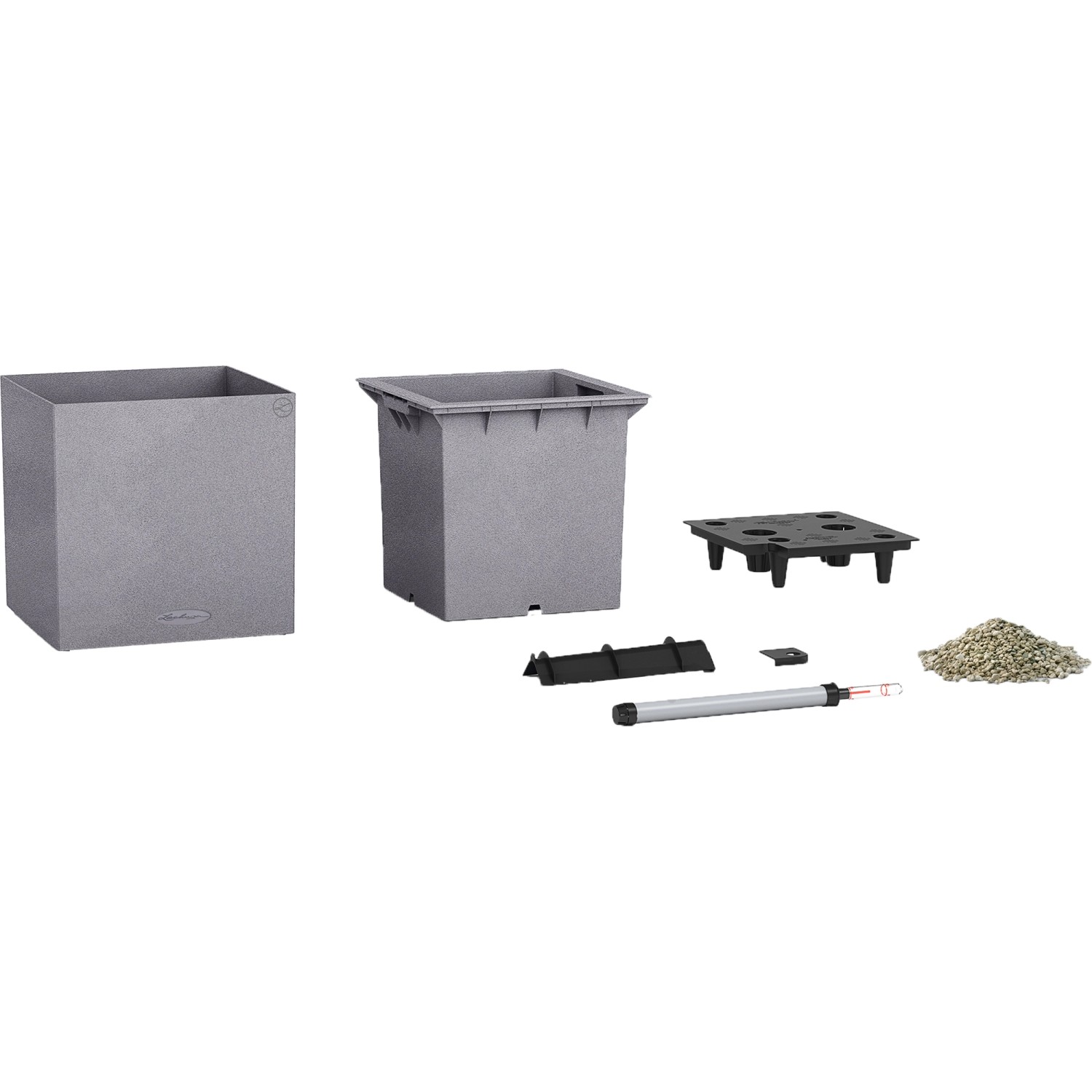 Lechuza Canto Stone low 30 Pflanzgefäß, steingrau, mit Zubehör für Bewässerungssystem.