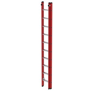 Zweiteilige Sprossen-Schiebeleiter aus GFK und Aluminium, 2x10 Sprossen, rot.