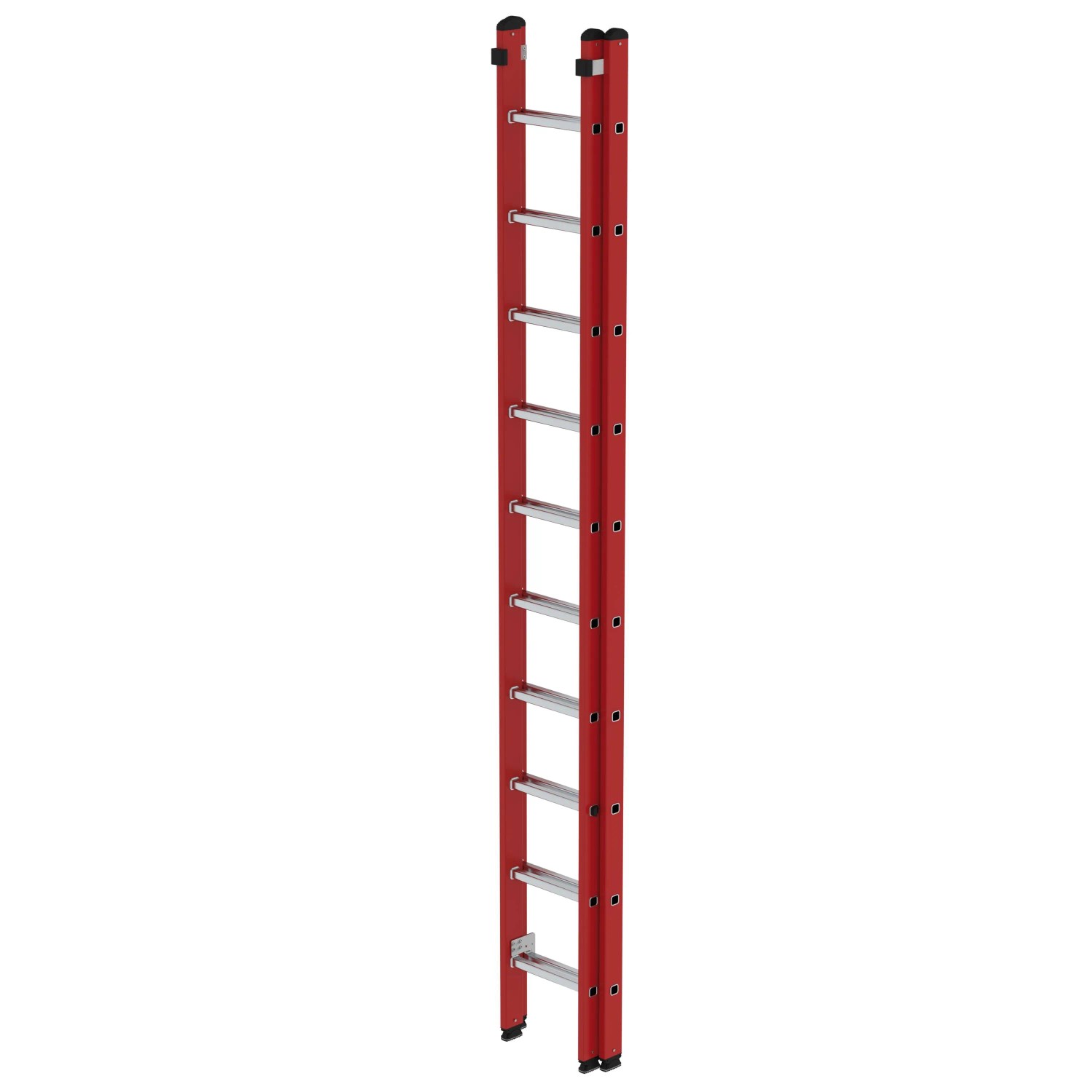 Zweiteilige Sprossen-Schiebeleiter aus GFK und Aluminium, 2x10 Sprossen, rot.