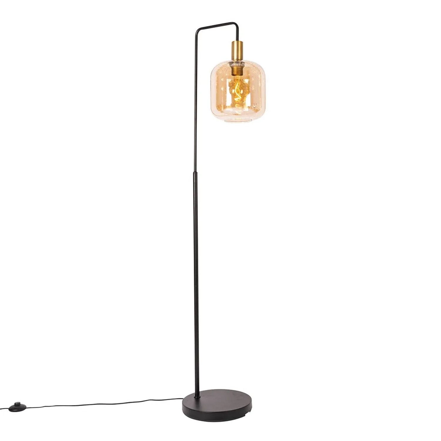 QAZQA Design Stehleuchte Schwarz mit Messing und Bernsteinfarbenem Glas   Zuzanna