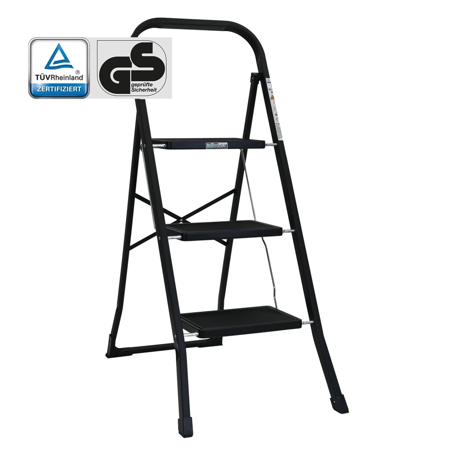 TRUTZHOLM Trittleiter 3 Stufen Klappbar TÜV/GS 150 kg Anti-Rutsch Trittflächen Schwarz