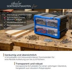 HMF STK200-02-05 Sortierbox Für Kleinteile Mit 4 Schubladen Erweiterbarer Sortimentskasten Für Schrauben Und Werkzeug 8 Fächer 295 x 195 x 160 mm