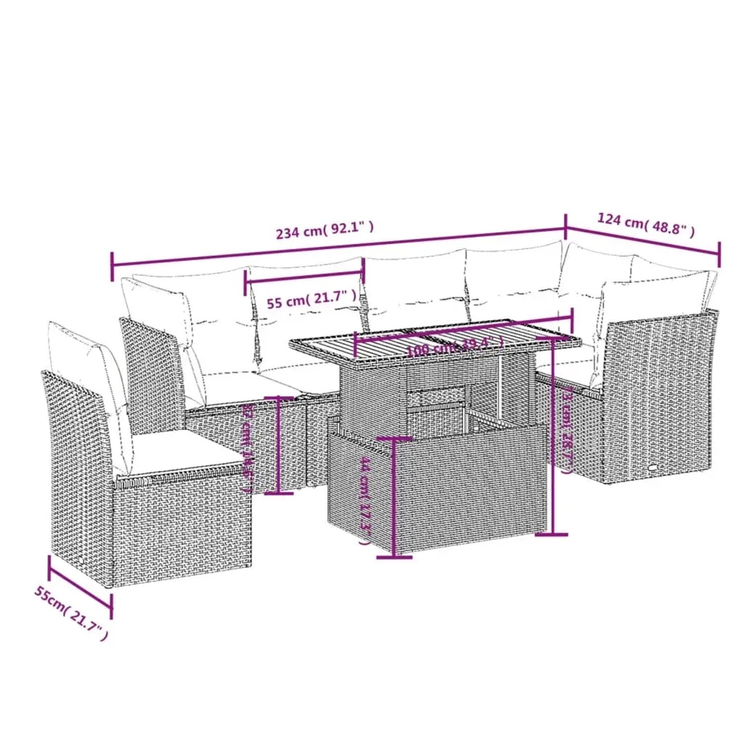 Graue 7-tlg. vidaXL Garten-Sofagarnitur aus Polyrattan mit Tisch und Kissen.