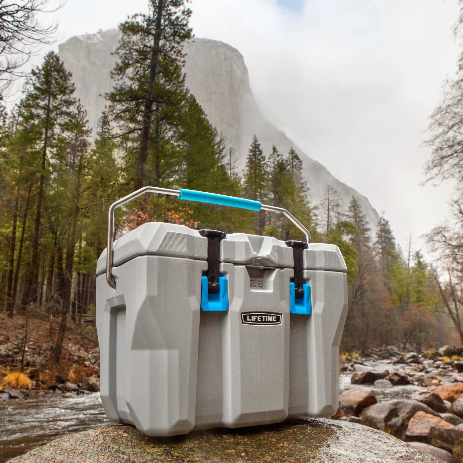 Graue Lifetime Kühlbox Campingbox (26,5 Liter) mit Tragegriff und blau Akzenten vor Naturkulisse.