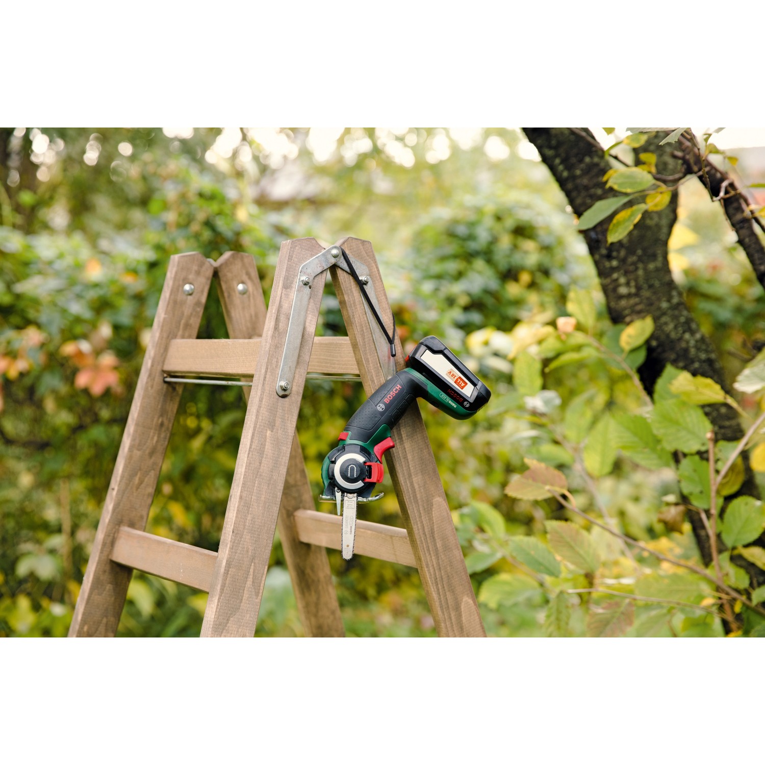 Bosch Akku-Säge AdvancedCut 18 mit Akku auf einer Holzleiter im Garten.