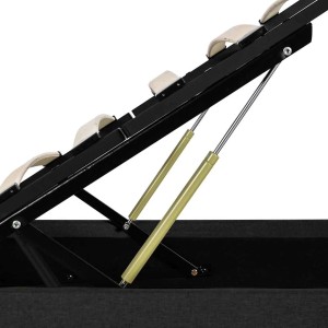 Detailaufnahme Bettkasten mit Hydraulik und Lattenrost des vidaXL Betts, dunkelgrauer Stoff.