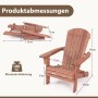 Maße des klappbaren Adirondack Gartenstuhls aus Holz: aufgebaut (94x89x71cm) und gefaltet (119x71x25cm), 180 kg Tragfähigkeit.