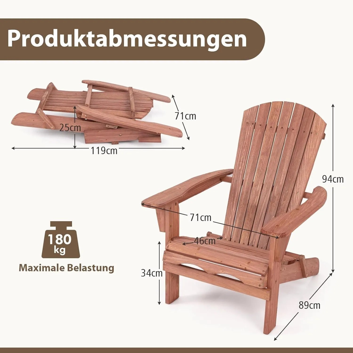 Maße des klappbaren Adirondack Gartenstuhls aus Holz: aufgebaut (94x89x71cm) und gefaltet (119x71x25cm), 180 kg Tragfähigkeit.